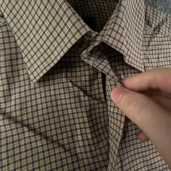 Eton Long Sleeve Button Up Shirt Men All Cotton Designer 16.5 Beige Blue Check - Picture 9 of 16